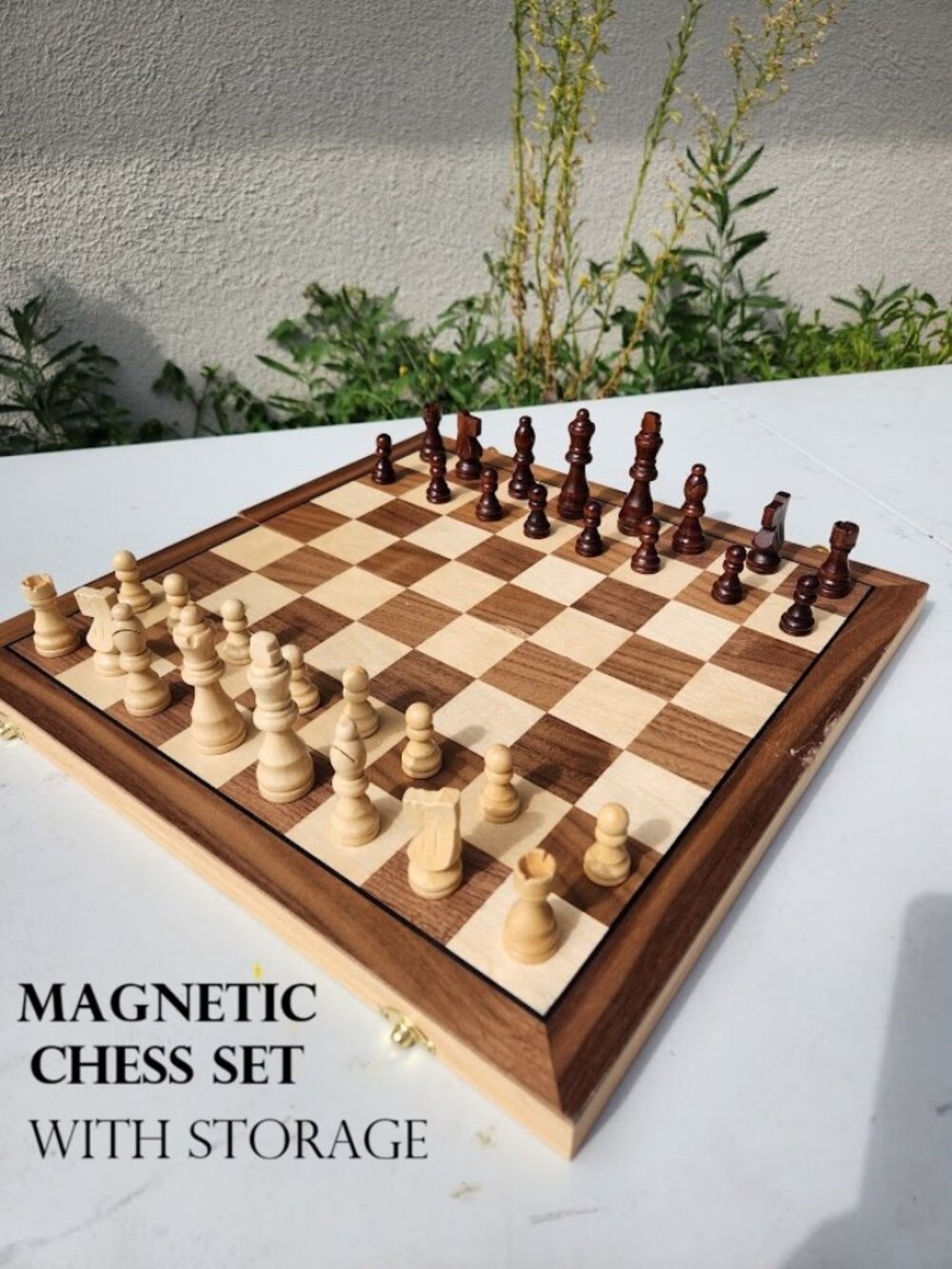 Magnetic Wooden Chess Set Foldable Board with Storage Board Game